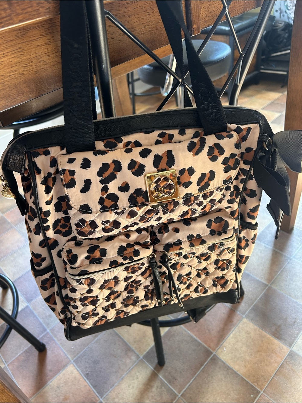 Betsey Johnson Leopard Print Tote Quilted Pockets, Logo Straps
